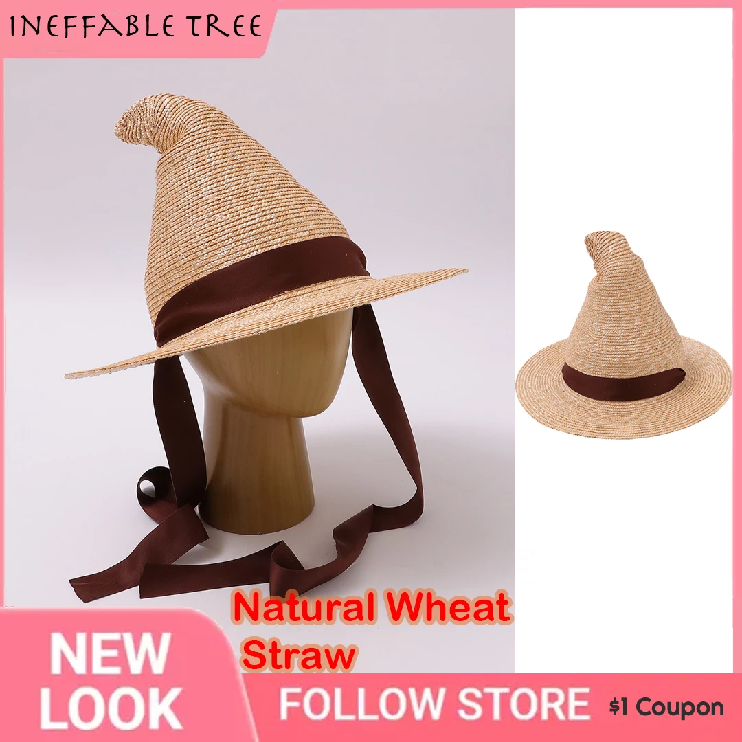 Pointed Witch Wide Brim Sun Straw Hats for Women Brown Ribbon Lace-up Halloween Cosplay Party Costume Beach Travel Fedora Gorra