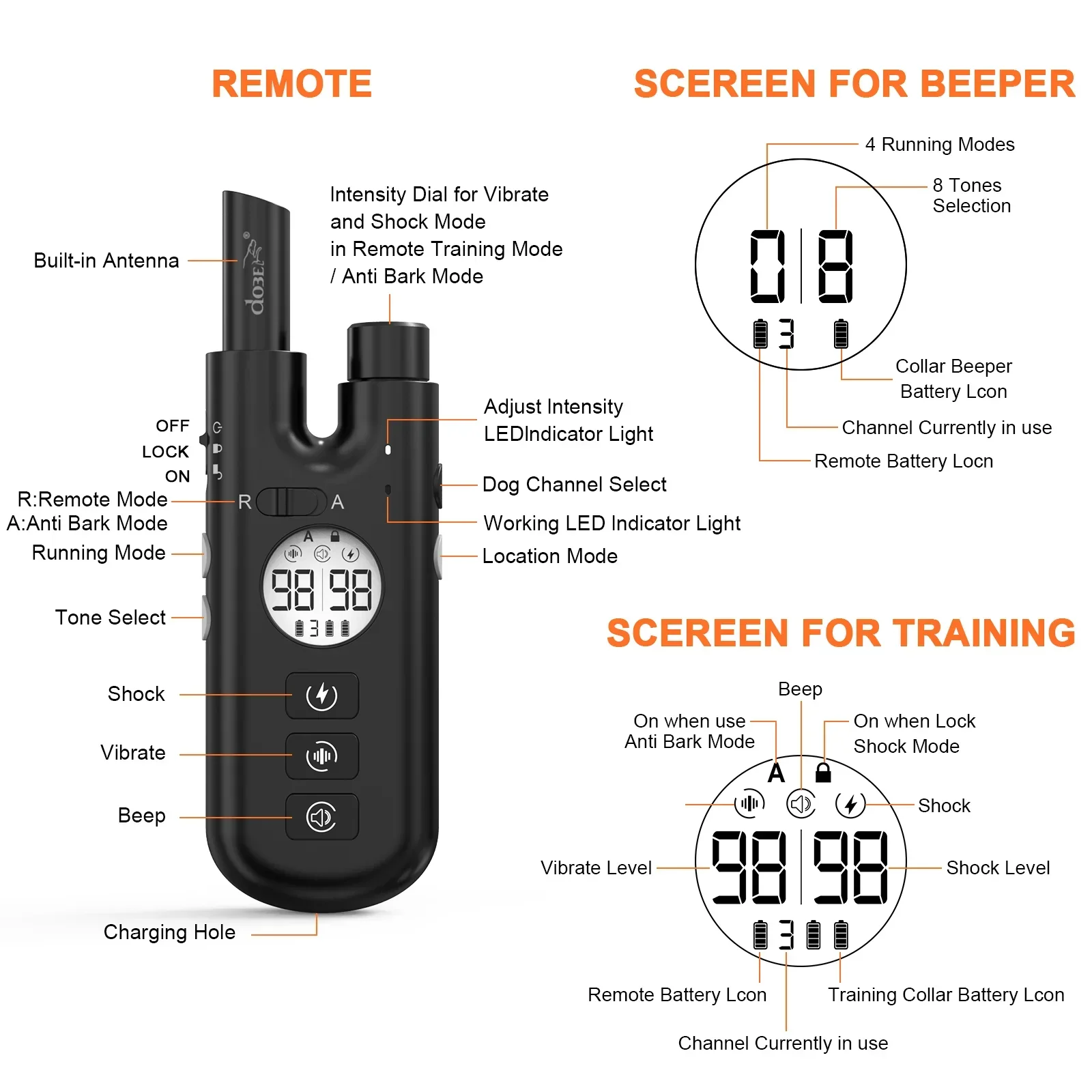 Nuovo addestramento per cani con collare elettrico remoto da 800m, Stop Bark Collar Sound Shock Vibration IPX7 con Beeper da caccia per