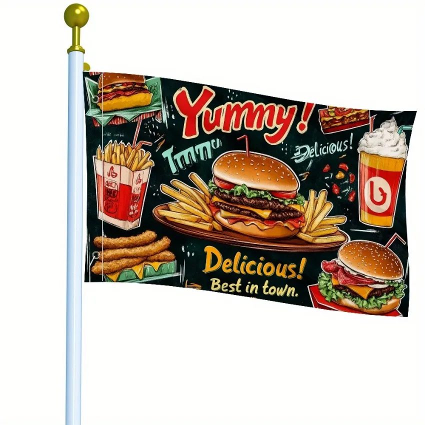 Burger and Fries Flag 59x35In Polyester Food Banner for Restaurant Garden Outdoor Party Decoration