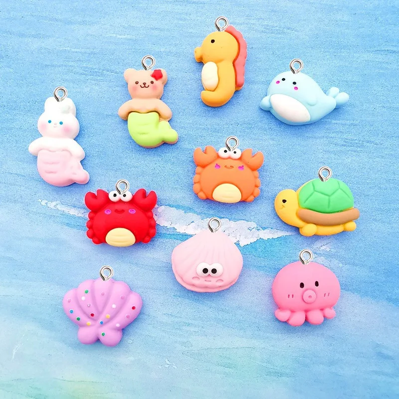 10Pcs Kawaii Cartoon Marine Organism Resin Pendant DIY Earrings Necklace Pendant Bracelet Keychain Decoration Flat Back Resin