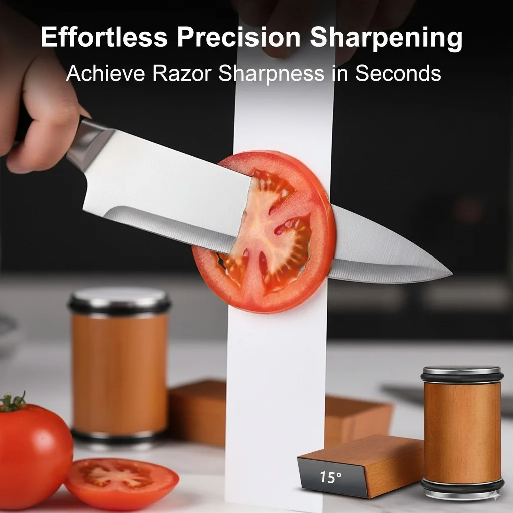 

Rolling Knife Sharpener With 15° Angle Wood Grain Design Diamond Coated Alloy Roller Manual Kitchen Tool For Chef Blades