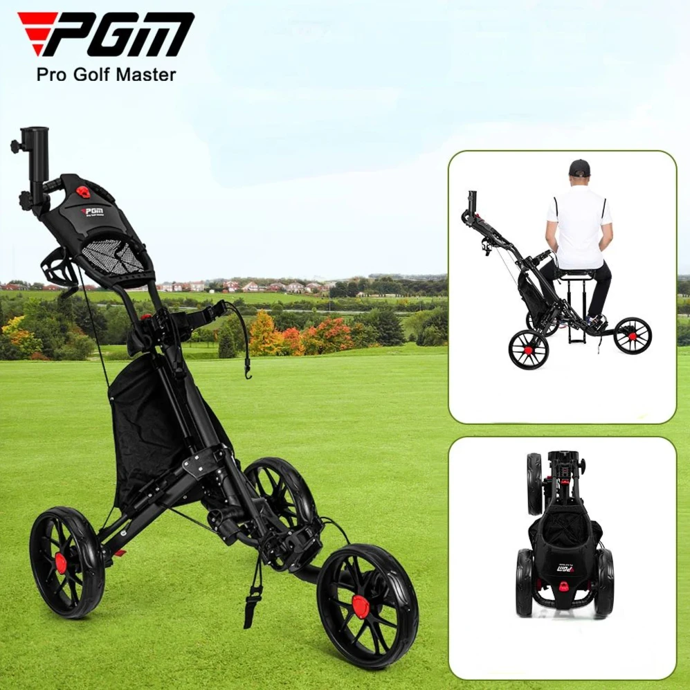 

PGM Golf Bag Trolley Three Wheels Foldable with Brakes Equipped with Seat Ice Bag Umbrella Water Cup Holder Golf Push Cart QC007