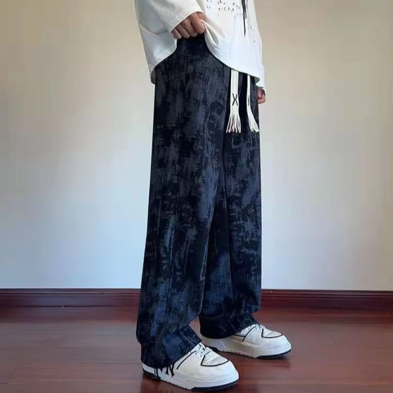 Men's New Chinese Style Ink Wash Tie Dye Pants Summer Slim Straight Long Trousers Lightweight Quick Dry Streetwear Casual