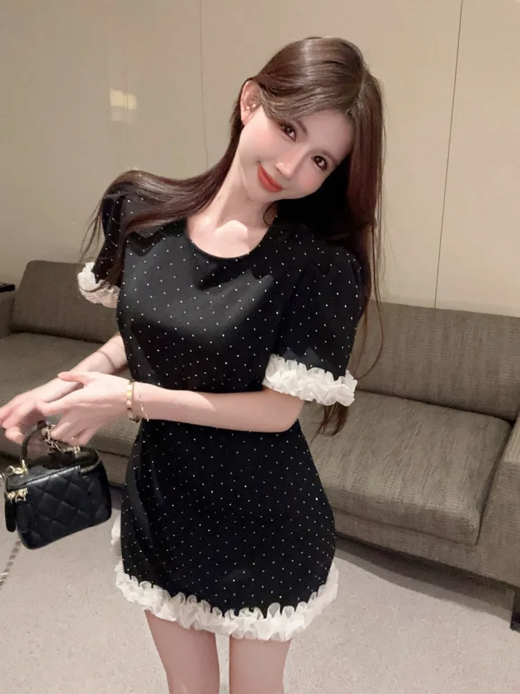 

Summer New Style Women's A-Line Dress Diamond Embedded Color Collision Tea Break Slimming Meat Covering Korean Version Commute