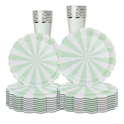 10pcs Gilded Green Pink Stripe Disposable Tableware Happy Baby Shower Kids One 1st Birthday Party Decor Napkin Plate Cup