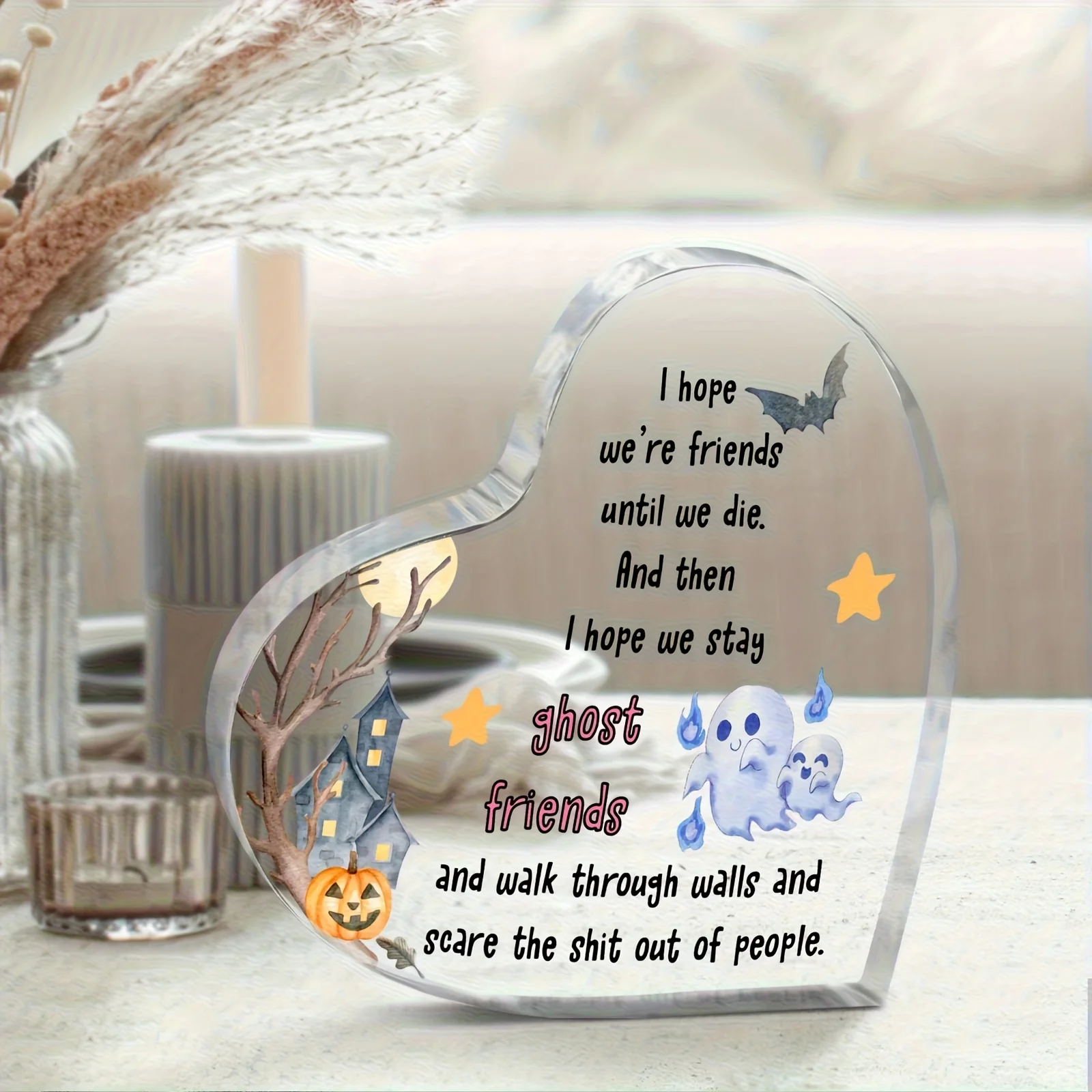 Humorous Best Friend Quote Heart Acrylic Stand, Cute Ghost Bat Pumpkin Halloween Shelf Ornament