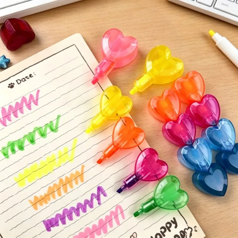 6 Translucent Heart Highlighter Modules Six Colours Short Chisel Tips with One Red End Cap Stationery Set