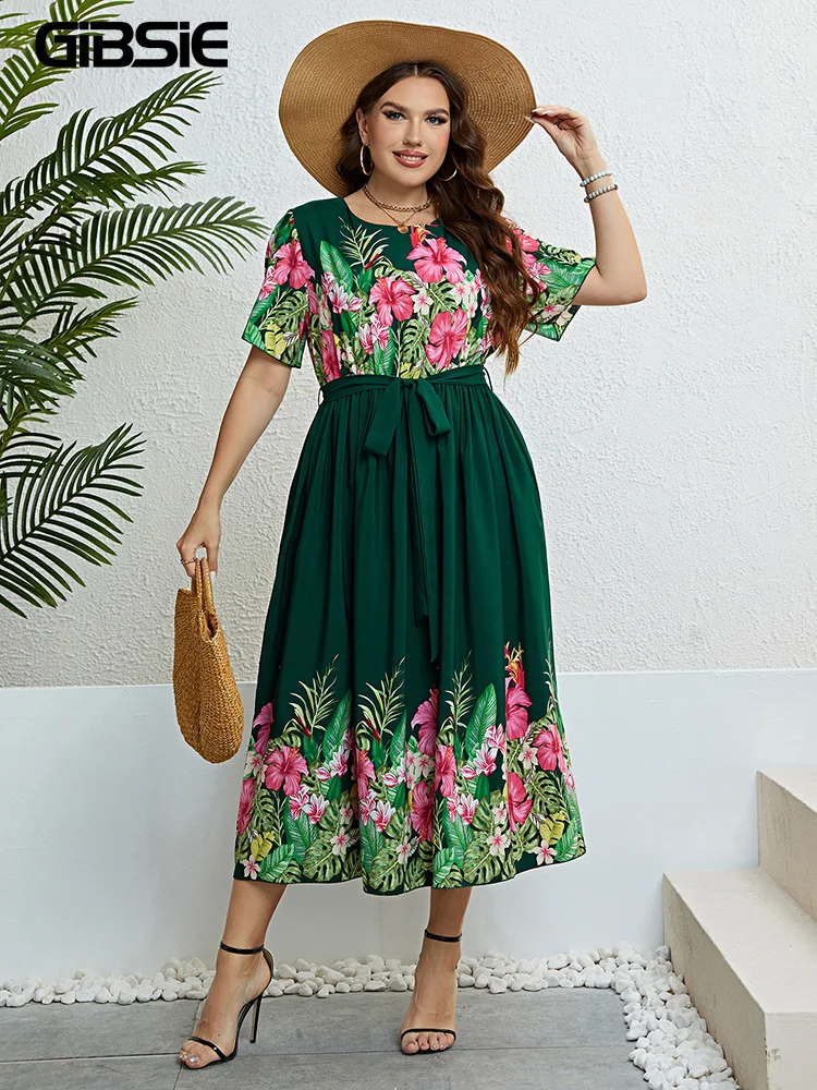 GIBSIE Plus Size Floral Print O-Neck Vintage Belted Dress Women Holiday Boho Summer High Waist A-line Casual Long Dresses 2023