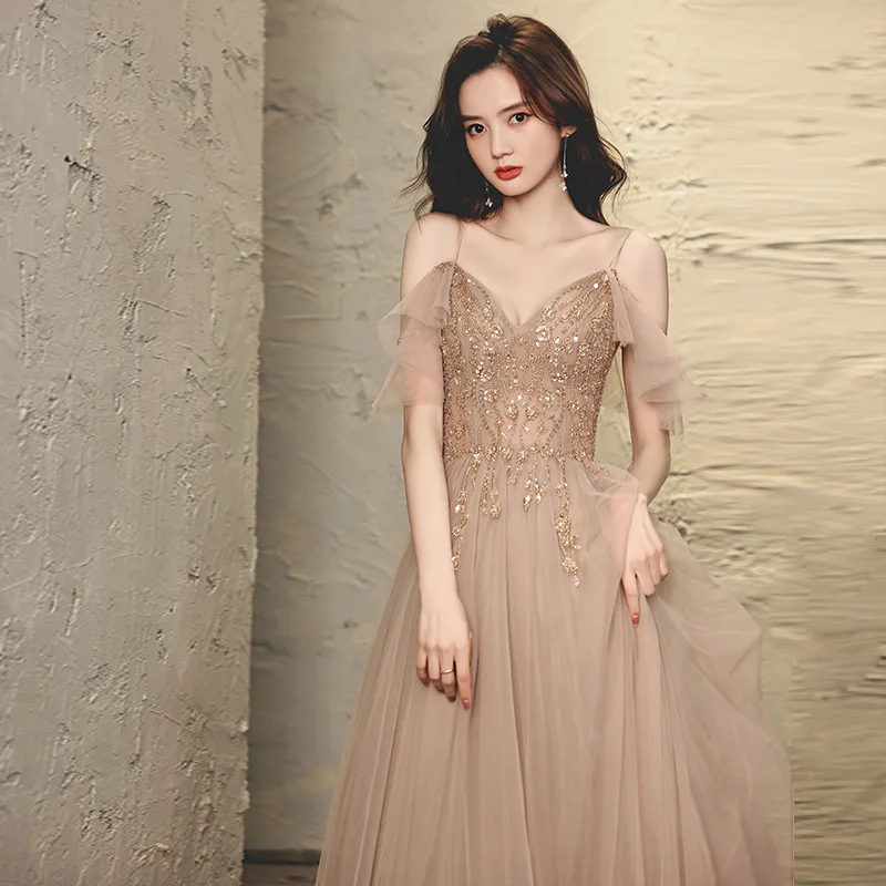 

Elegant Beaded Sequins Sling Back Banding Bride Bridesmaid Gowns Party Banquet Female Stage Show Dresses Cheongsam