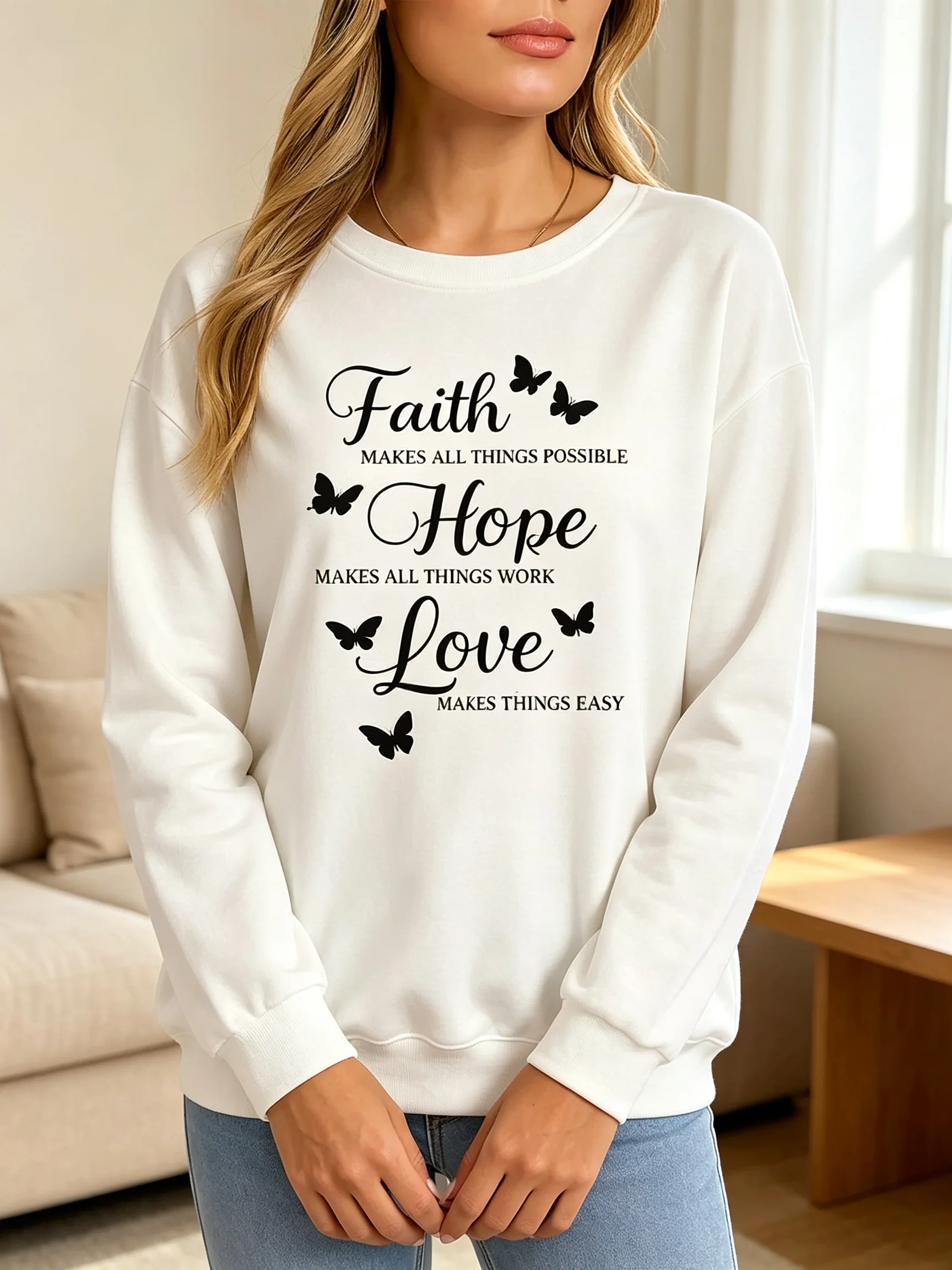 Women Crew Neck Sweatshirt Faith Hope Love Butterfly Graphic Pullover Inspirational Letter Print Casual Long Sleeve Daily Tops
