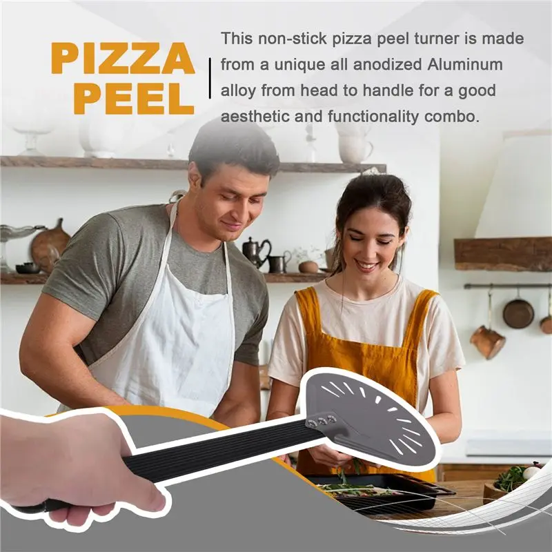 A02M-Turning Pizza Peel With 8 Inch Aluminum Round Pizza Paddle, 23.6 Inch Overall, Outdoor Pizza Oven Accessories