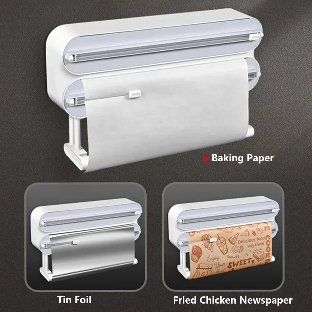 3-in-1 Plastic Wrap Dispenser - Magnetic and Self-Adhesive Cutter for Cling Film, Aluminum Foil, and Baking Paper