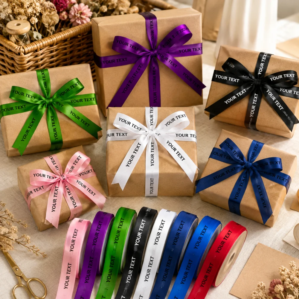 Personalized Text Satin Ribbon 2M Long Custom Printed Ribbon Wedding Bouquet Gift Box Wrapping Party Ornament