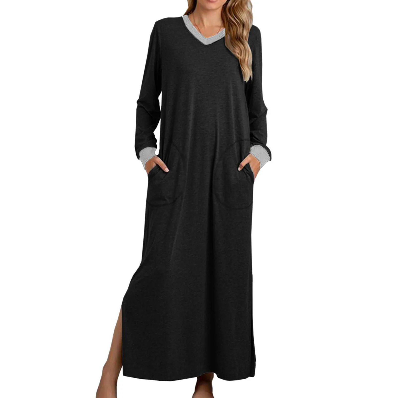 Mixed Cotton Night Dress Women Loose Long Sleeve Robe Nightdress V-Neck Split Female Nightgown Soft Nightwear Vintage Nightgowns