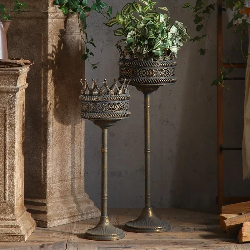 French retro flower pot living room floor ornament wrought iron old court style baroque multi-branch artistic flower pot