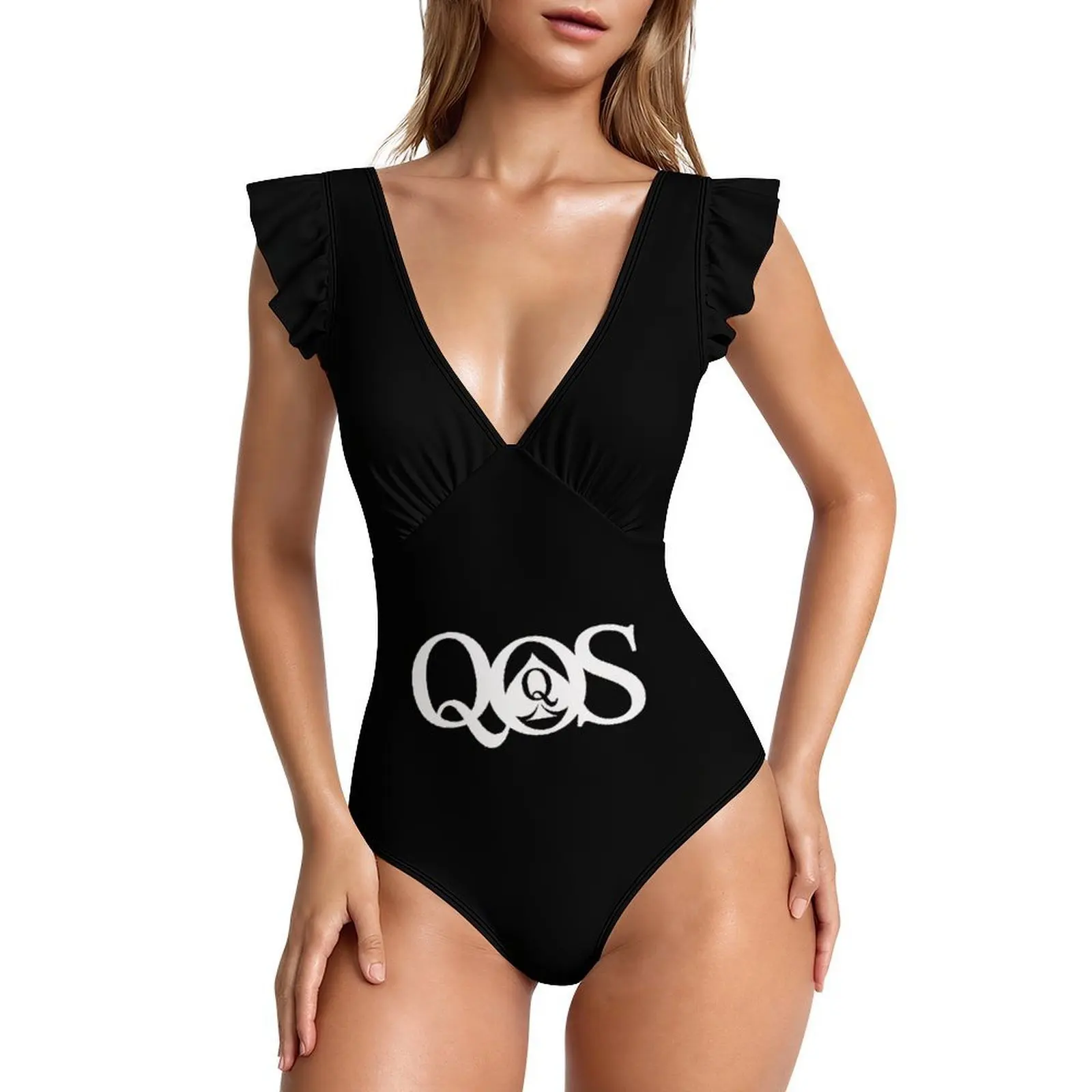 QOS Letter Printed Women's Tumor Control Swimsuit Slim Fit Ruffle Edge Swimsuit One-Piece Swimsuit