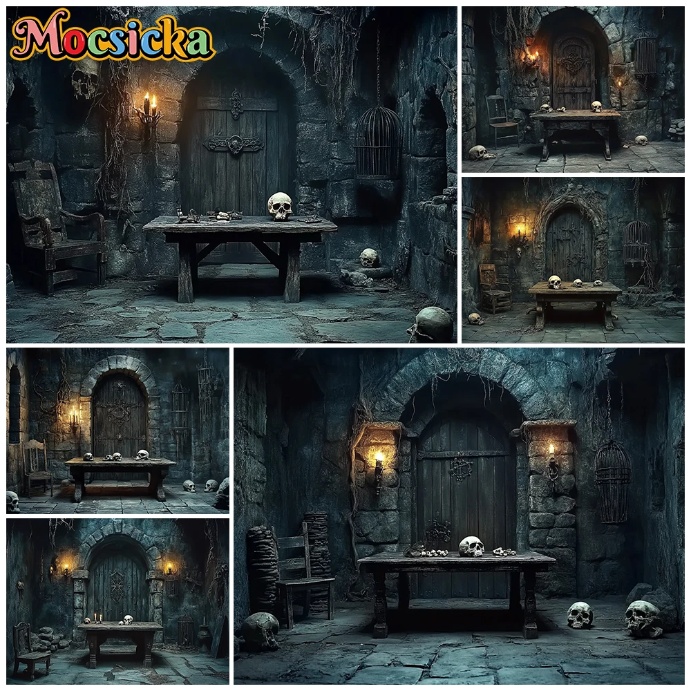 Mocsicka Spooky Dungeon Stone Room Halloween Photography Backdrop Vintage Door Skull Dark Castle Basement Photo Background Decor
