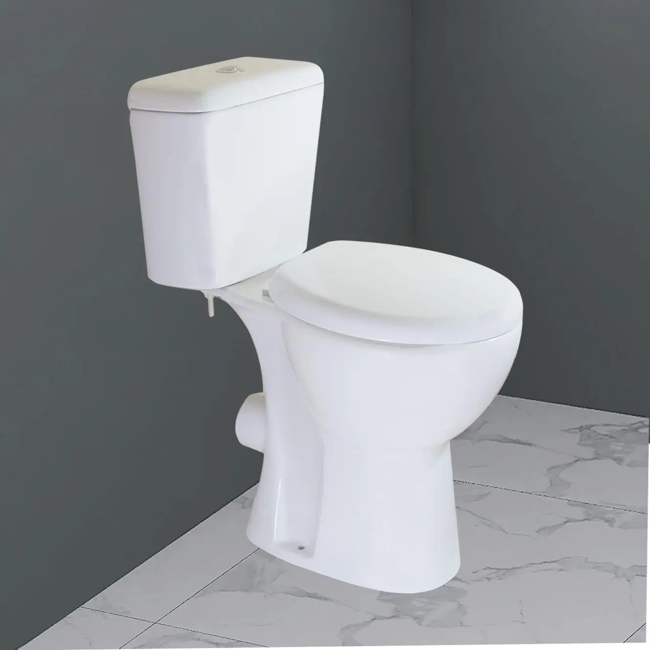 

Rear Outlet Two Piece Toilet Extra Tall 19 inches Comfort Seat Height Dual Flush Compact Round Compost P trap Back, Customized
