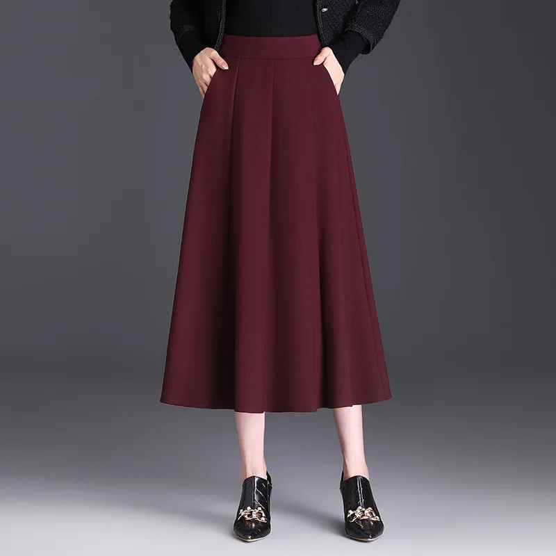 

Elegant Fashion High Waised A-line Long Skirt Women Autumn Women Chic Loose Casual Black Wine Red Khaki Skirts Office Lady 2882