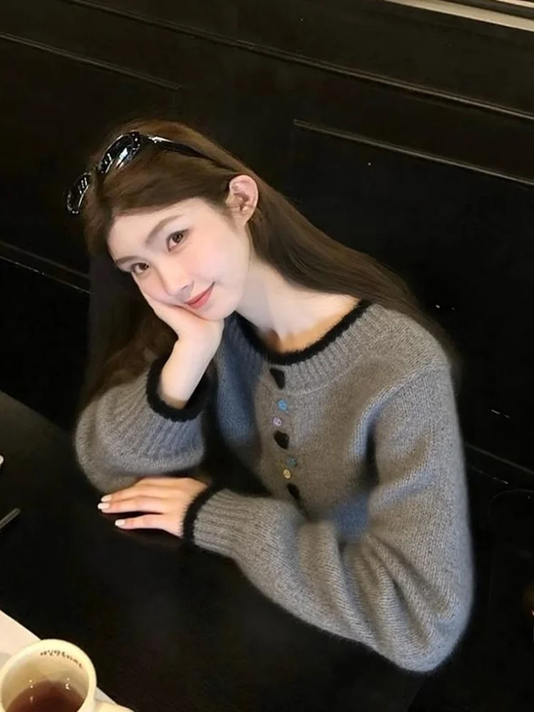 Maglieria coreana Sle abbottonata lunga Sve Maglieria da donna Autunno Inverno Faionable Color Blo Maglione morbido vestibilità ampia rotondo Ne