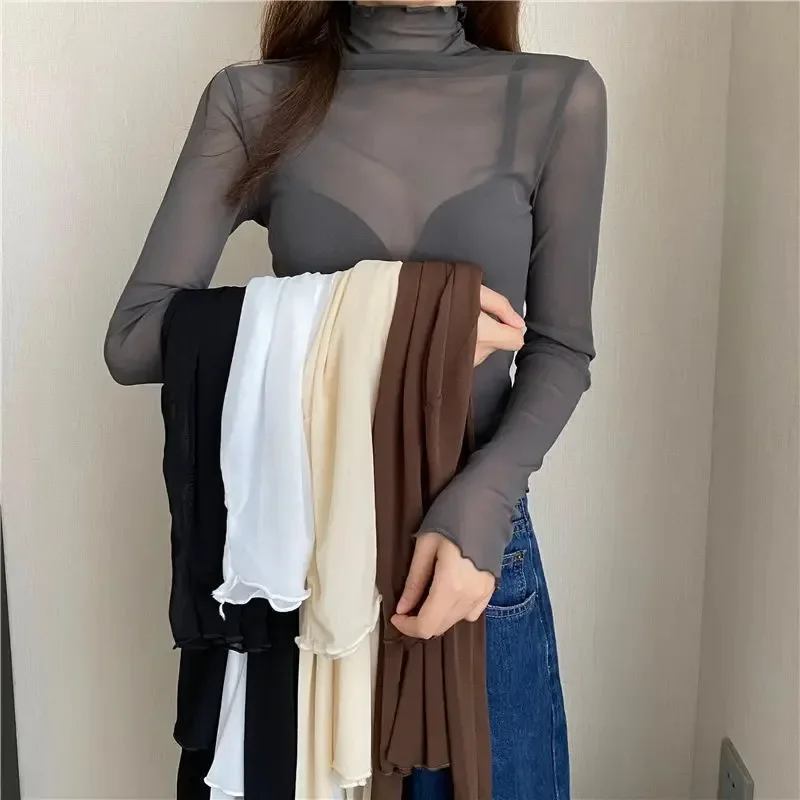 Women Sexy T Shirt See Through Transparent Mesh Tops Long Sleeve Sheer Slim Ladies Solid Turtleneck Silk T-Shirt Lace Crop Top