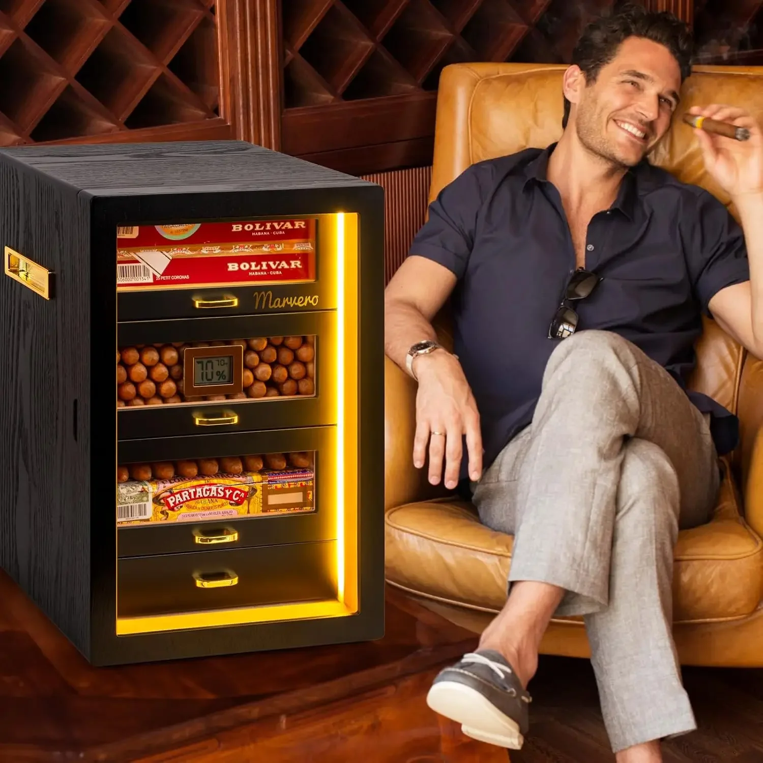 200-Count Black Cigar Humidor Cabinet with Digital Hygrometer, LED | Black finish, 4 cedar drawers, triple-sided light
