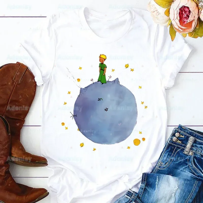 Little Prince Earth Space Y2K Art Harajuku Kawaii Ladies T-shirt Ladies Casual White Shirt Short Sleeve T-shirt Graphic