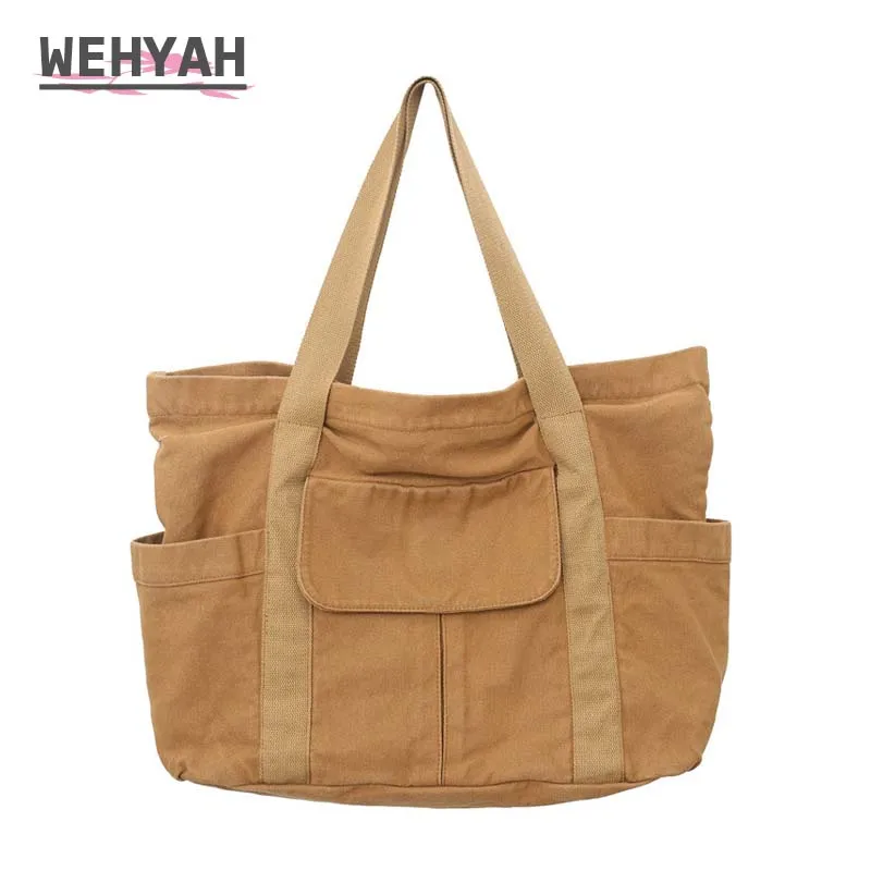 

Wahyah Canvas Casual Tote Bag for Woman Handbags Designer Bag College Student Class Bag Female Large-capacity Solid Color ZY066