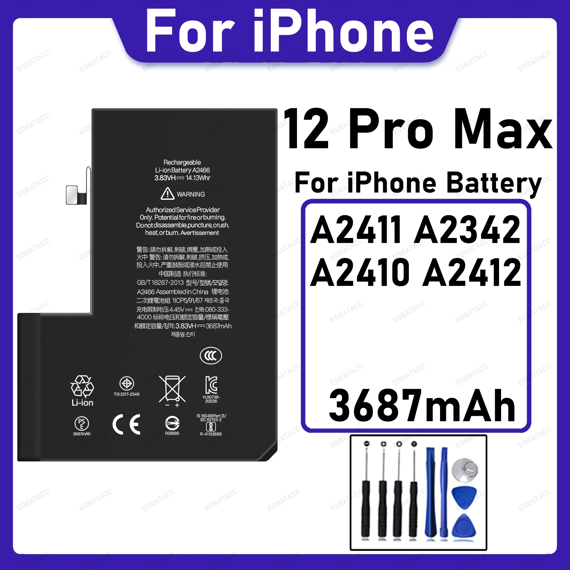 High Performance Replacement Battery For iPhone 12 Pro Max 3687mAh A2411 A2342 A2410 A2412 Stable Safe Ultra Long Service Life+F