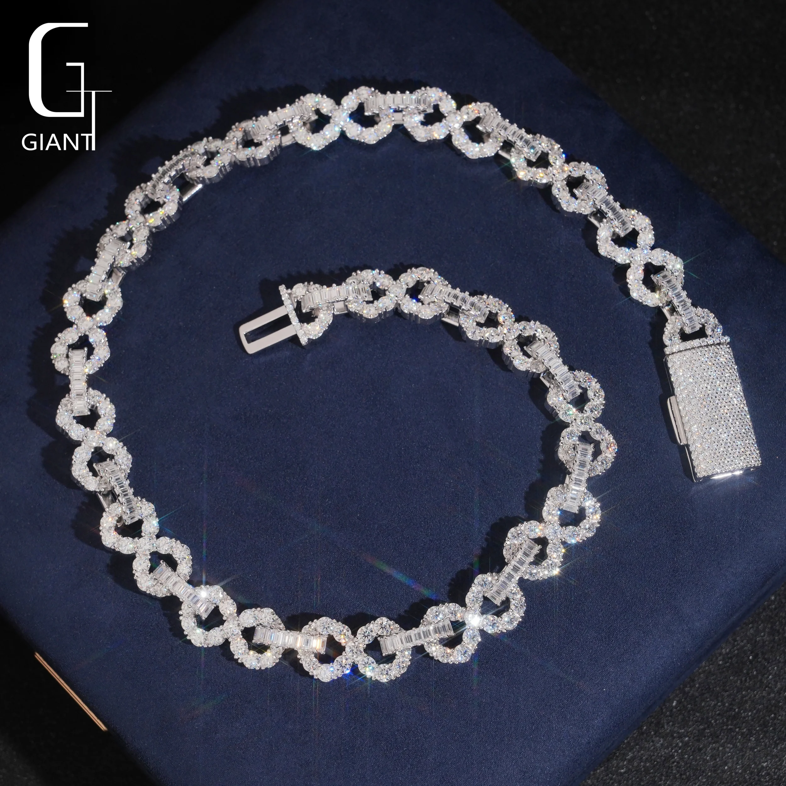 Moissanite Chain Link Sterling Silver 925 Hip Hop Iced Chains Round and baguette Moissanite Chain Fashion Chains Necklaces..
