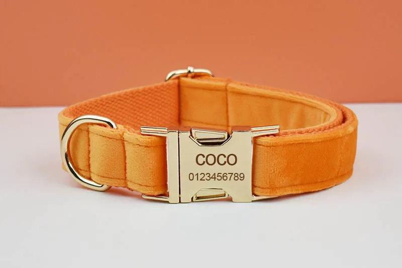 Orange Samt-Hundehalsband und Leinen-Set für Hunde, individuell graviertes Namensschild, Heimtierbedarf, Hundeleine aus Samt 41 – Detail 3