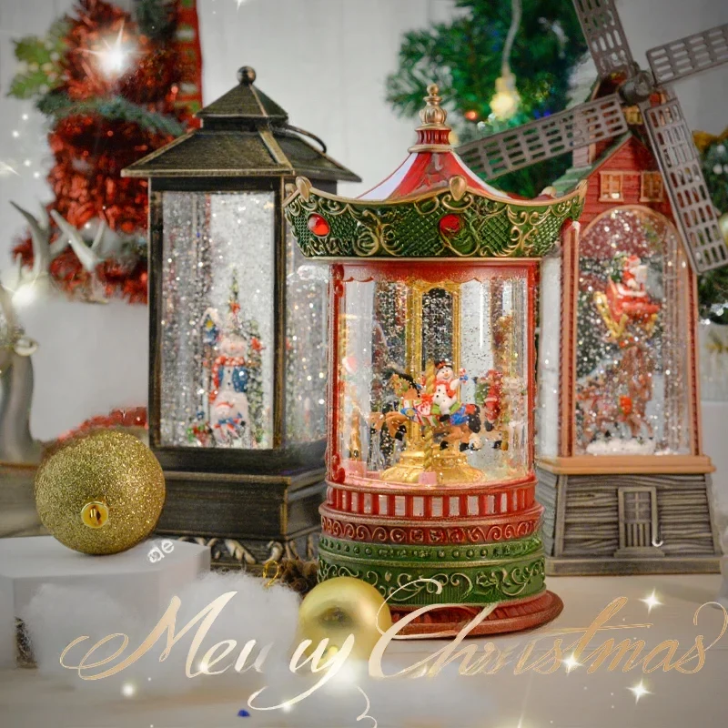Carousel Windmill Crystal Snowflake Christmas Gift For Old Man Retro Decorative Lights Music Box Ornaments