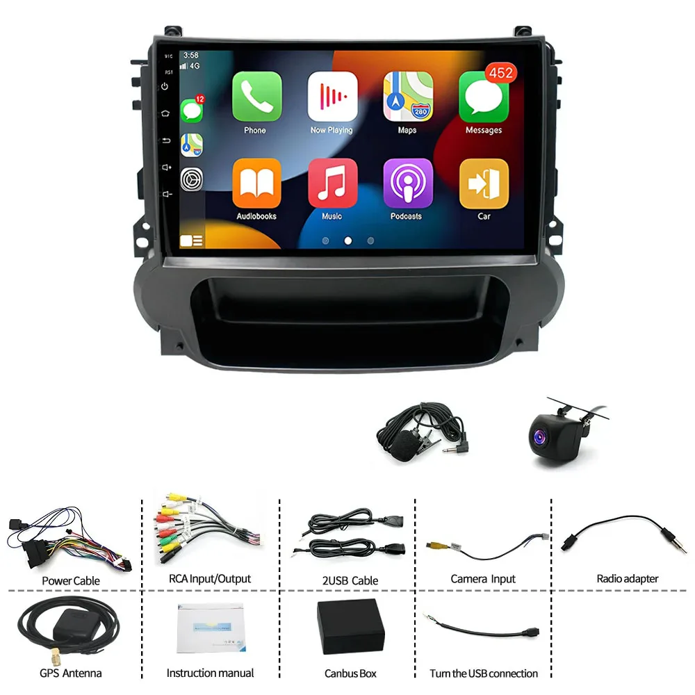 안드로이드 14 차량용 내비게이션 9인치 내장형 카플레이 + 안드로이드 오토 / 4 + 64G + AHD 카메라 + 마이크 쉐보레 말리부 2011-2015용