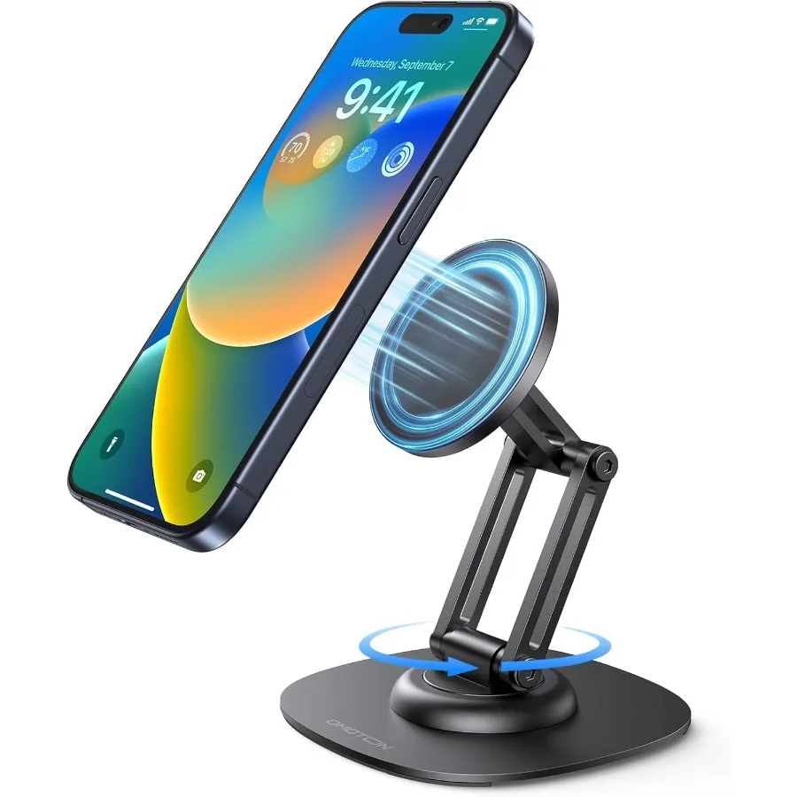 

OMOTON 360Rotating Magnetic Phone Stand for Desk Adjustable Foldable Aluminum for MagSafe Cell Phone Stand Holder with NonSlip