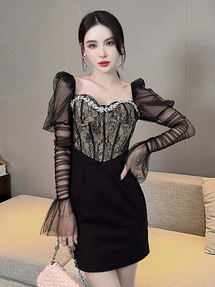 Vestidos de festa elegantes do vintage das mulheres senhora sexy luxo diamantes renda malha ver throngh manga longa vestido curto clube vestidos de baile