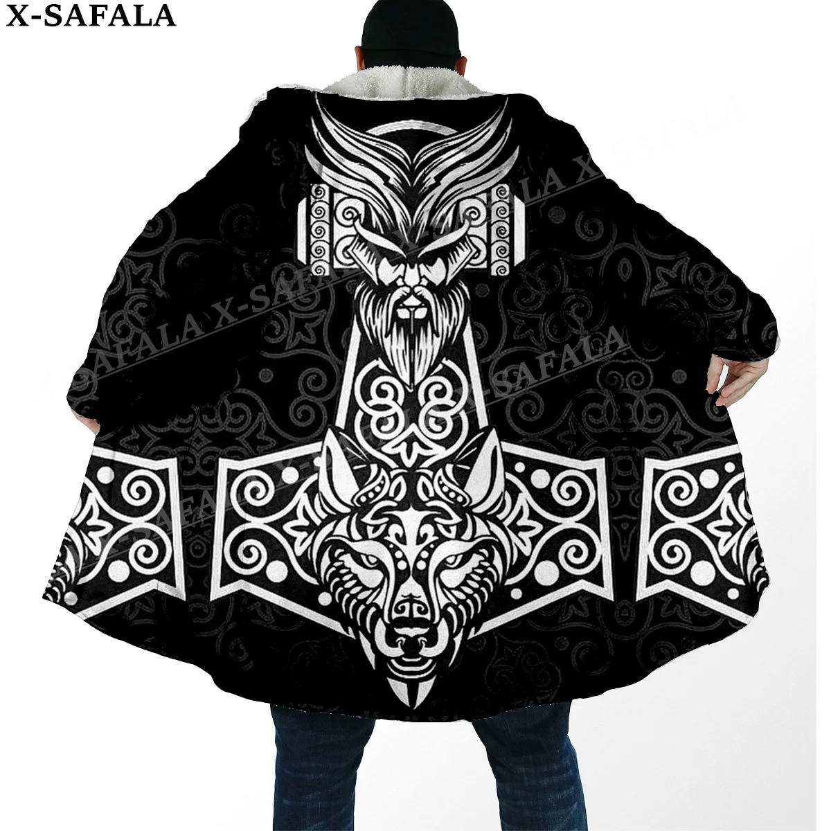 Viking Tattoo Symbol 3D Print Thick Warm Hooded Cloak Men Overcoat Coat Windproof Fleece Cape Robe Hooded Blanket-8