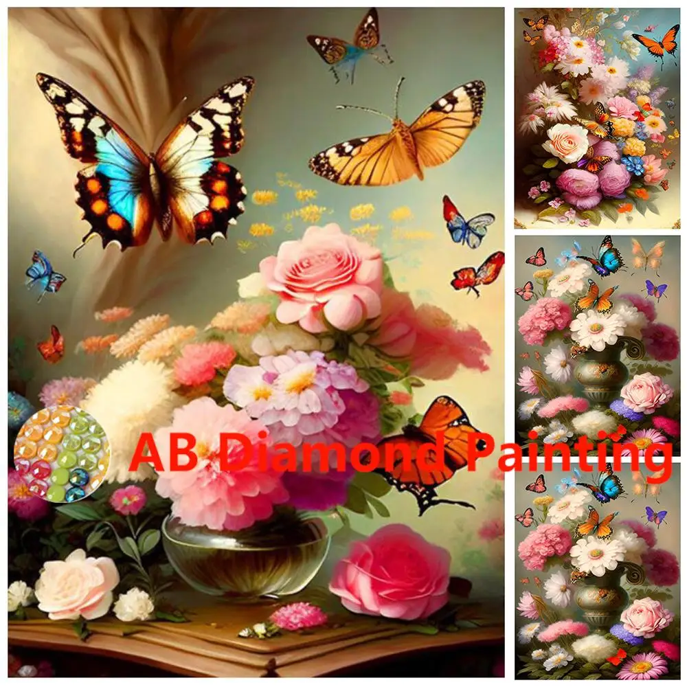 AB Full Diamond Mosaic Diy Diamond Painting Flower Vase Butterfly Square Round Drill Embroidery Needlework Decor New Arrival