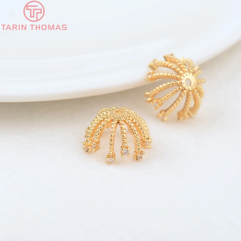 (3191)4PCS 13MM Hole 1MM 24K Gold Color Brass with Zircon Flower Bead Caps High Quality Jewelry Making Findings Accessories image 3