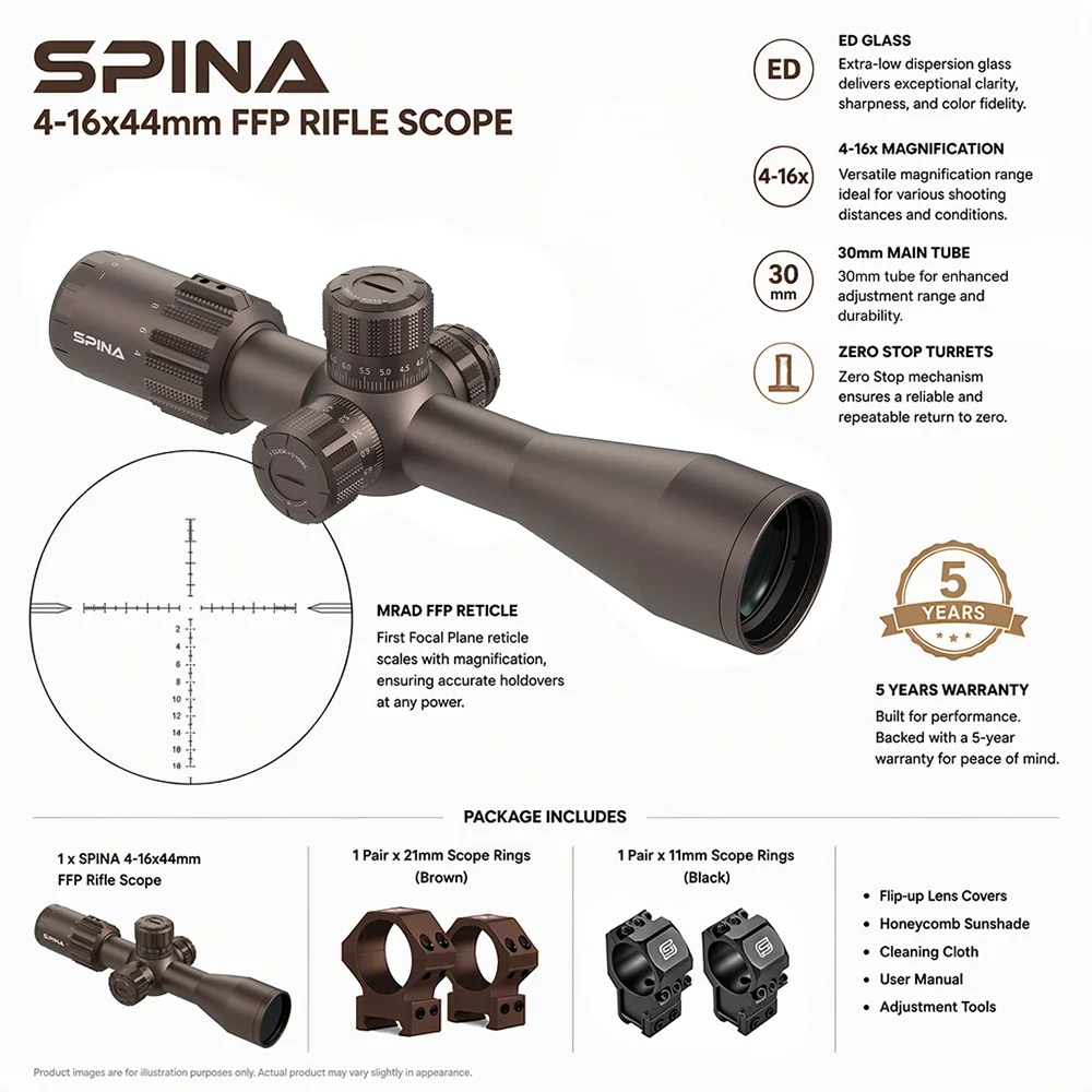SPINA OPTICS Riptide GEN II ED 4-16x44 FFP,First Focal Plane w Zero Stop,Compact Scope Sight,1/10MIL,Side Parallax,Bronze Color