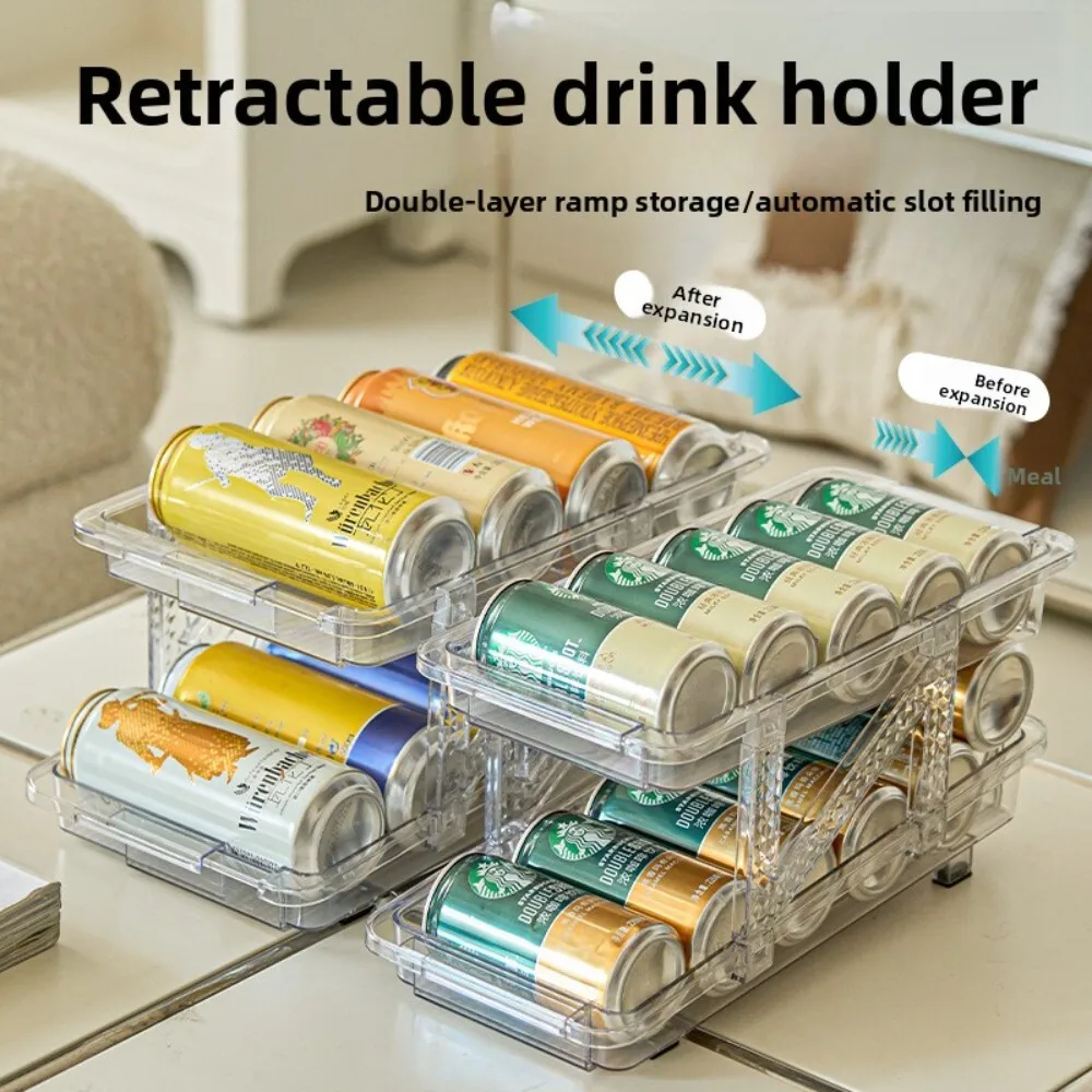 

Expandable Transparent Double Layer Drink Can Rack for Refrigerator Organizer Storage of Soda Cans and Beverages Space Saving
