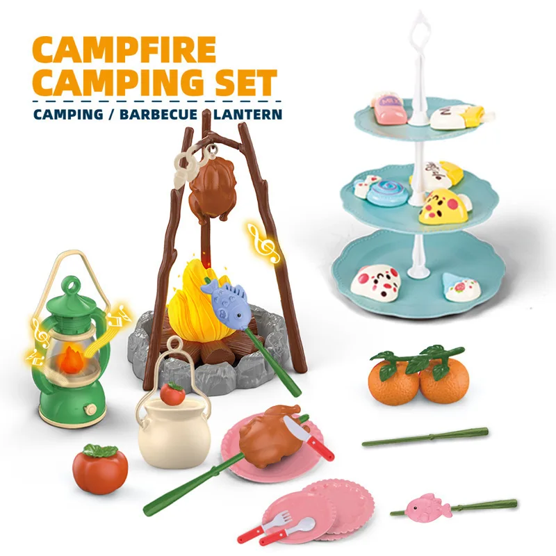 จําลอง Campfire Camping ชุดบาร์บีคิวผจญภัยกลางแจ้งเครื่องมือเต็นท์ชุดแสงและเสียงเด็กเล่นของเล่น