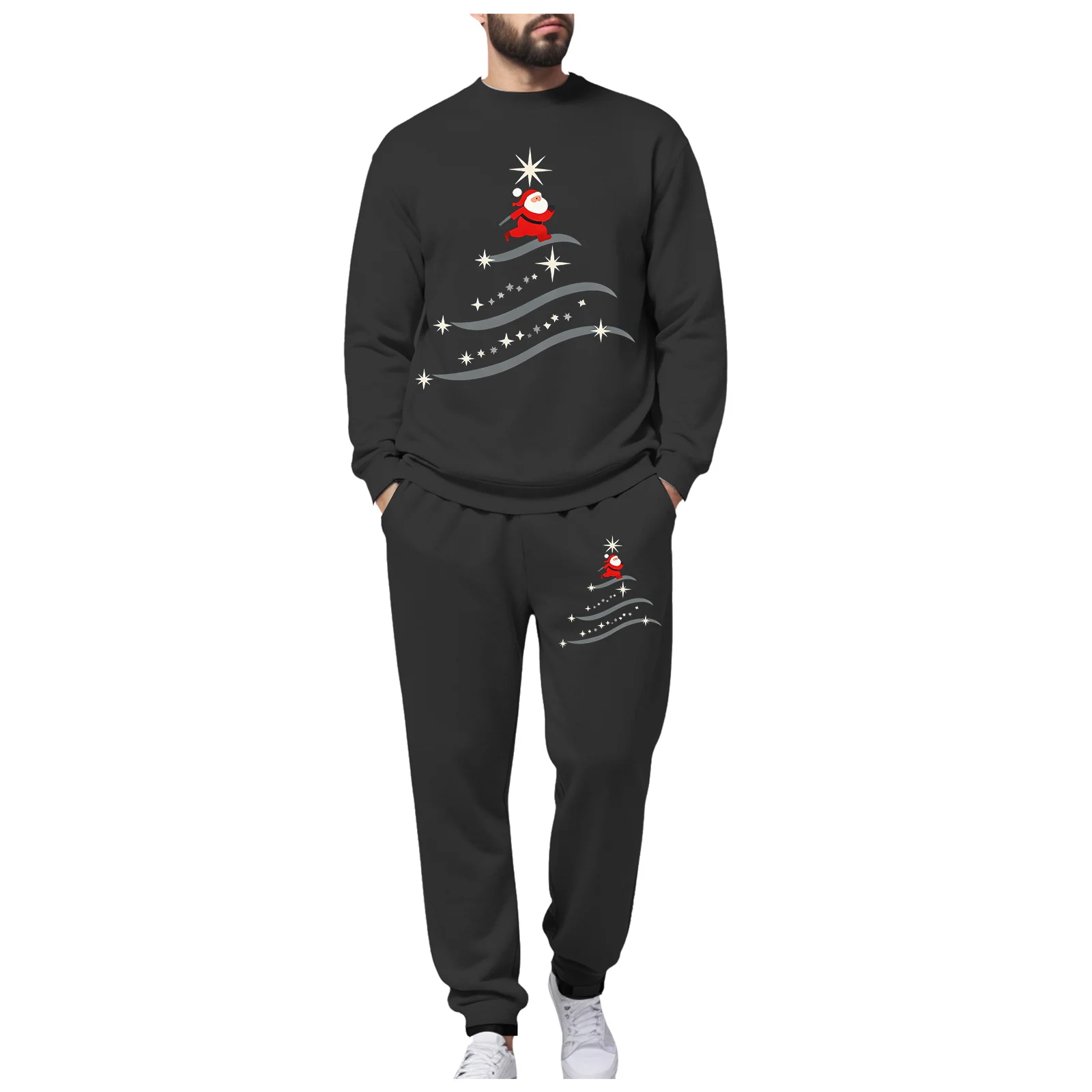 

Tuxedo Skin Suit Men's Fleece Lined Crew Neck Sweatshirt And Jogger Pants Set With Christmas Tree Print Casual Suit Steel Tux