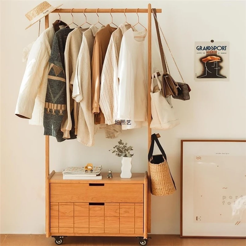 All solid wood, cherry wood bedroom floor-to-ceiling household hanger storage mobile vertical dust rack