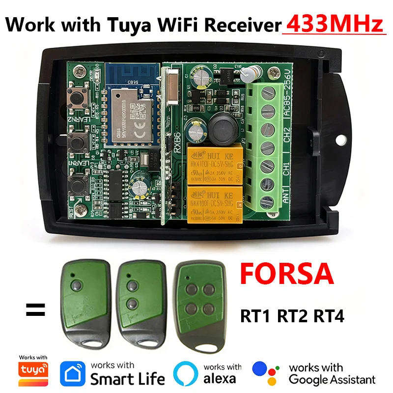 Universal Work With Tuya WIFI Receiver 433MHz Fixed Rolling Code Smart Receiver for FORSA RT1 RT2 RT4 Garage Door Remote Control