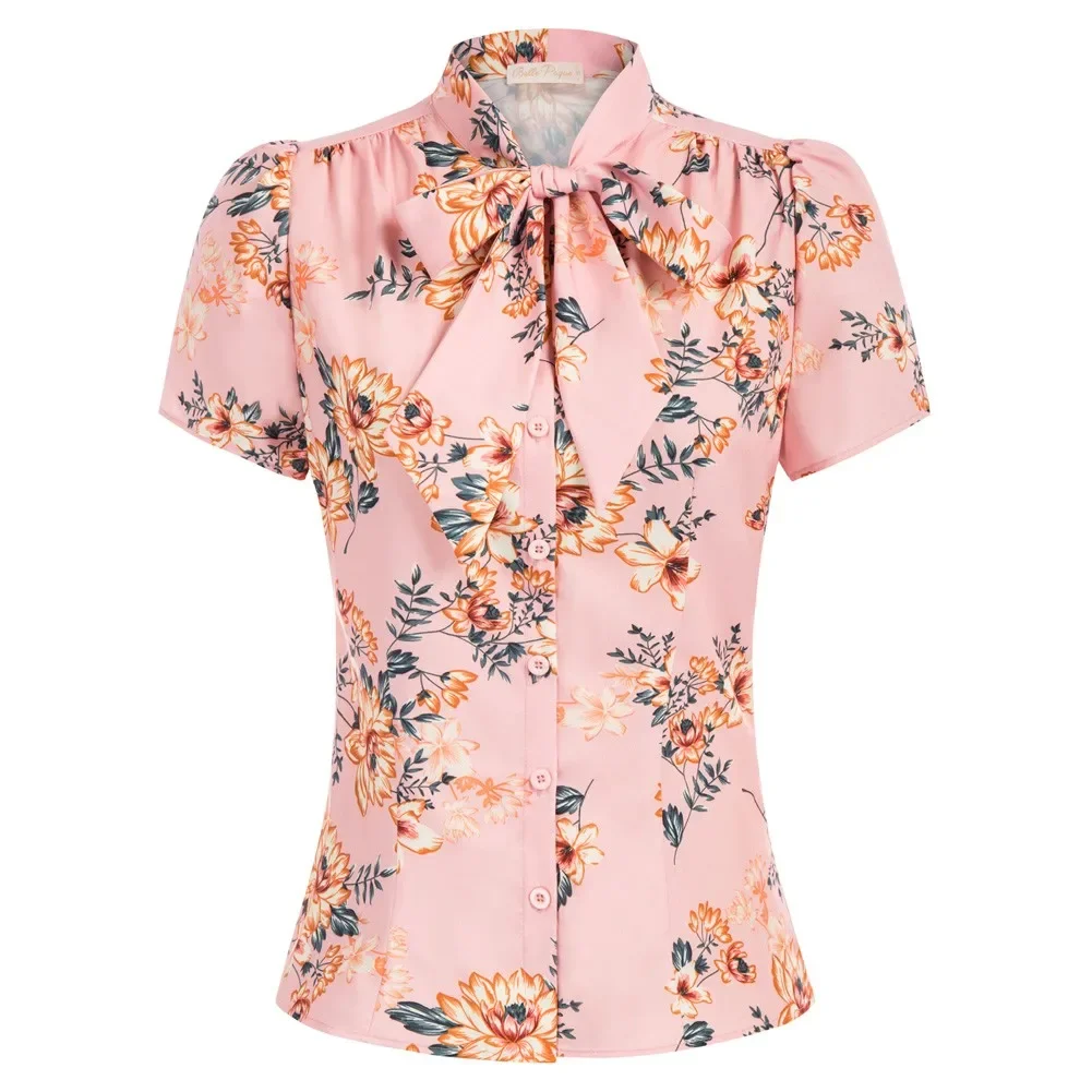 BP Summer Short Sleeve Office Button Down Blouse Stripe Shirt With Bow Tie  Solid Color Short Sleeve Bow-Knot Decorated Tops A30