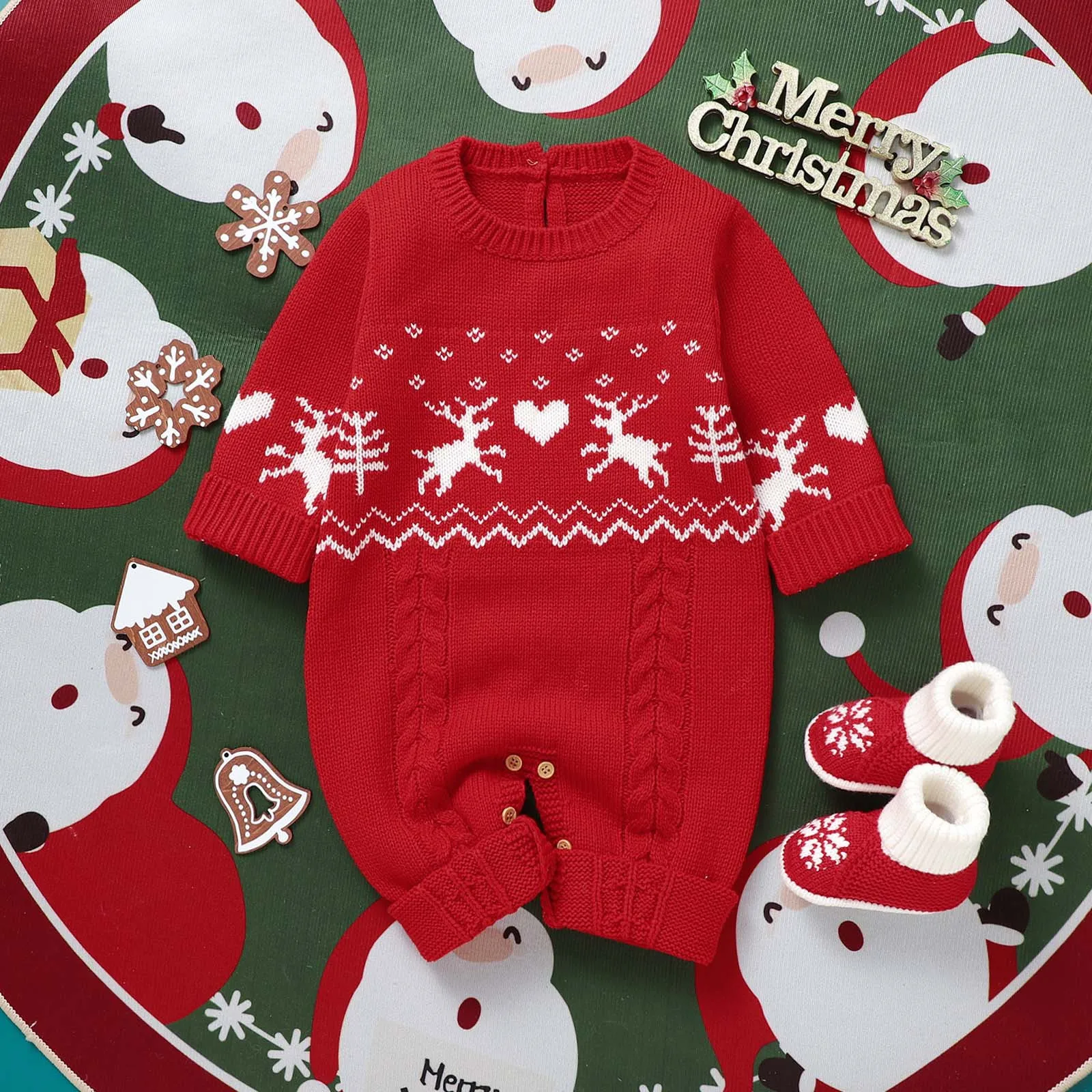 

Christmas Baby Rompers Knit Newborn Boy Jumpsuit Outfit Long Sleeve Infant Girl Clothing Hat Cute Elks 2PCS Xmas Playsuit Winter