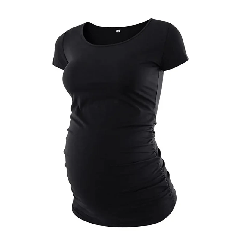 U Neck Short Sleeve Maternity T Shirt Side Ruched Waist Stretch Soft Striped Solid Color Casual Tee Shirts For Pregnant Women