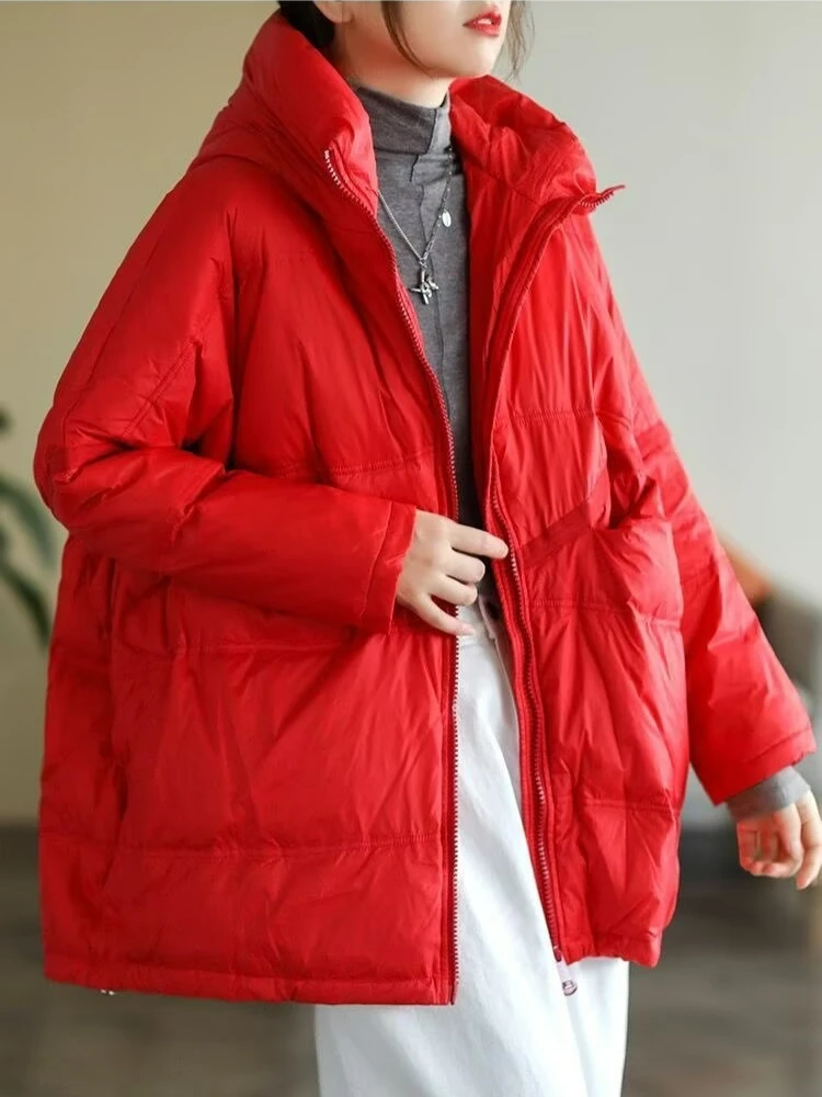 Sweat à capuche avec cordon de serrage pour femme, grande poche, manches chauve-souris, duvet de canard blanc 90, grande édition, doudoune ample, tendance, nouvelle collection hiver 2026