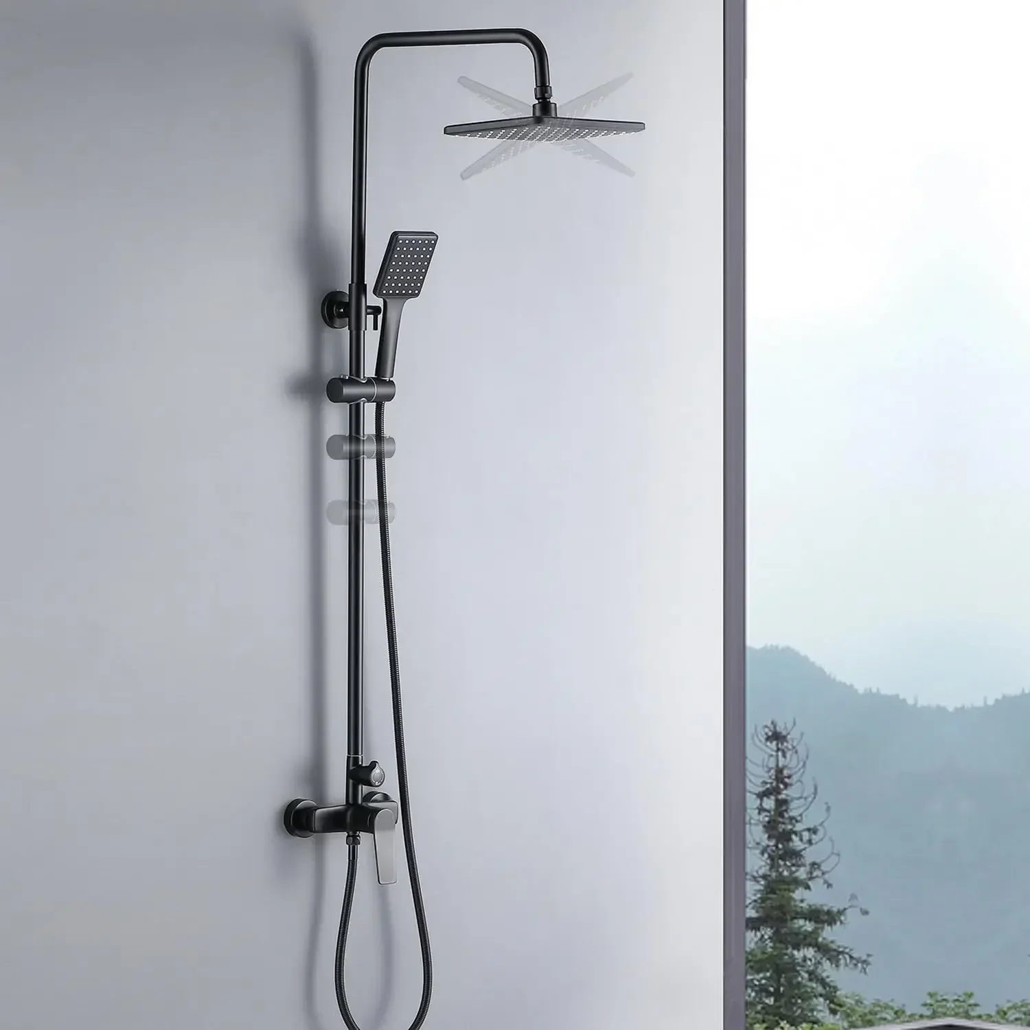 Auralum Columna Ducha con Grifo Negra Altura Regulable 90-124cm, Columna de Ducha con Alcachofa Cuadrado 26x19cm para Baño