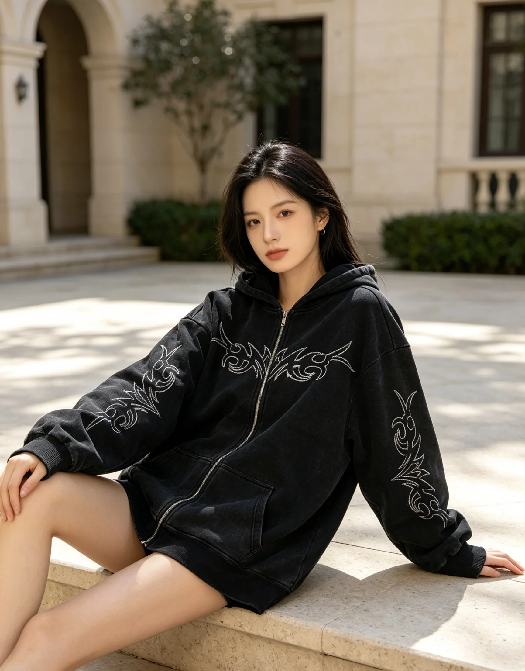 High-street style, thorny water crystal hoodie with drawstring, retro distressed black loose-fit lazy subculture couple's jacket